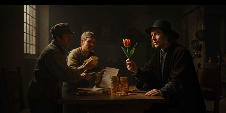 Cena dramática de troca de tulipas por moedas em ambiente rústico