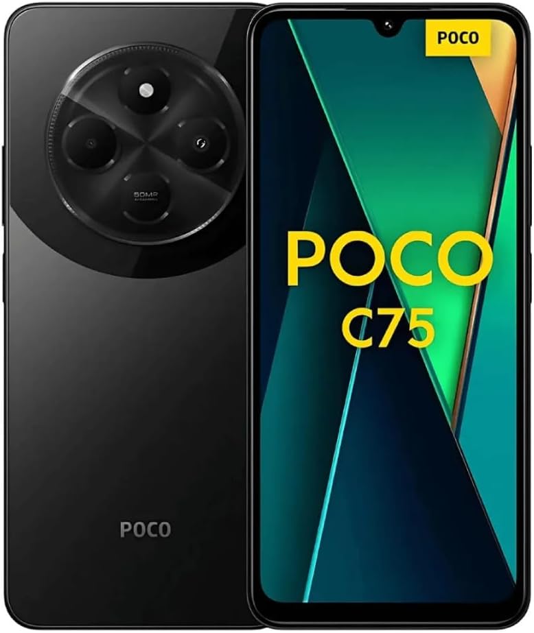 Smartphone POCO C75 na cor preta, visto de frente e de trás. A parte traseira exibe um módulo de câmera circular com a inscrição "50MP", e a parte frontal mostra a tela com um entalhe em gota e o logo "POCO C75".
