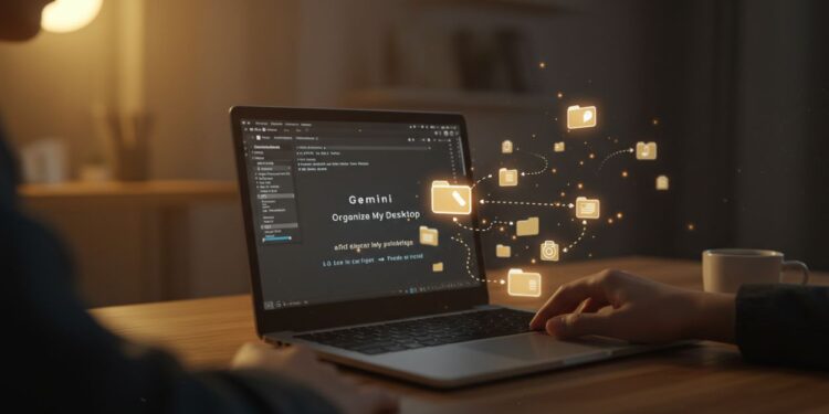 Laptop screen displaying Gemini CLI organizing digital files