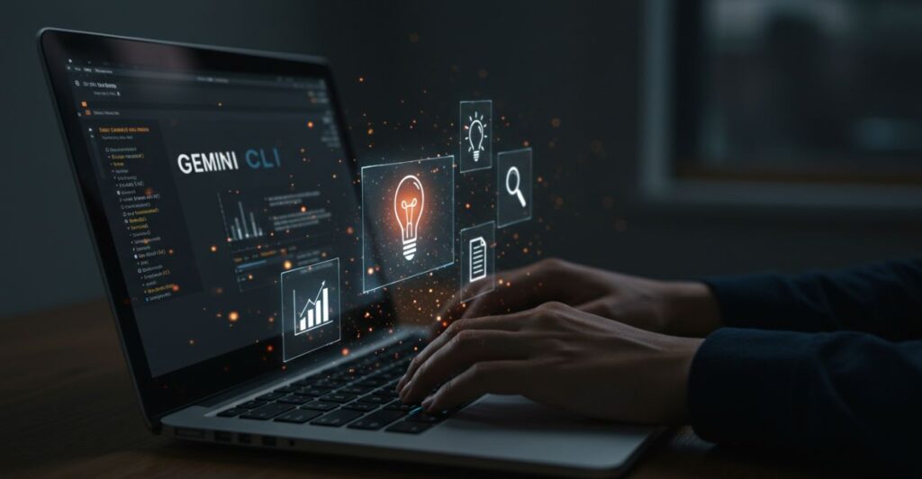 Close-up of hands about to type on a laptop with Gemini CLI and holographic icons.