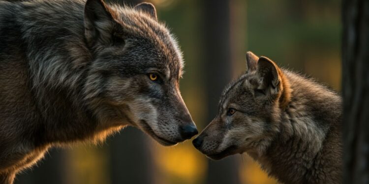 Dois lobos em um momento de interação em uma floresta iluminada pelo sol do final da tarde.