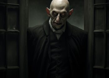 Cartaz em preto e branco com cena sombria de Nosferatu, mostra vampiro subindo escada com sombra marcante. Silent horror