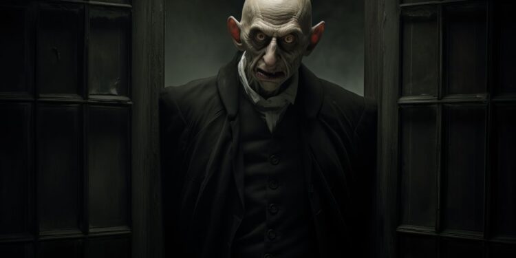 Cartaz em preto e branco com cena sombria de Nosferatu, mostra vampiro subindo escada com sombra marcante. Silent horror