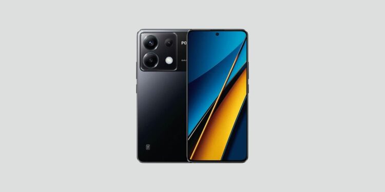 Xiaomi POCO X6 5G smartphone preto com tela azul e laranja, mostrando design moderno com câmera tripla
