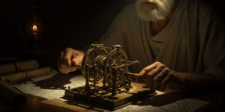 Filósofo grego manipulando o Mecanismo de Antikythera sob a luz de uma lamparina.