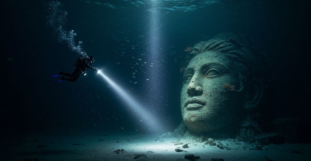 Mergulhador explora colossal estátua submersa, evocando o mistério de civilizações perdidas como Atlântida.