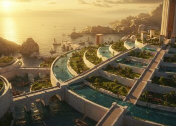 Vista panorâmica da mítica cidade de Atlântida, com seus anéis concêntricos de água e terra, ao pôr do sol.